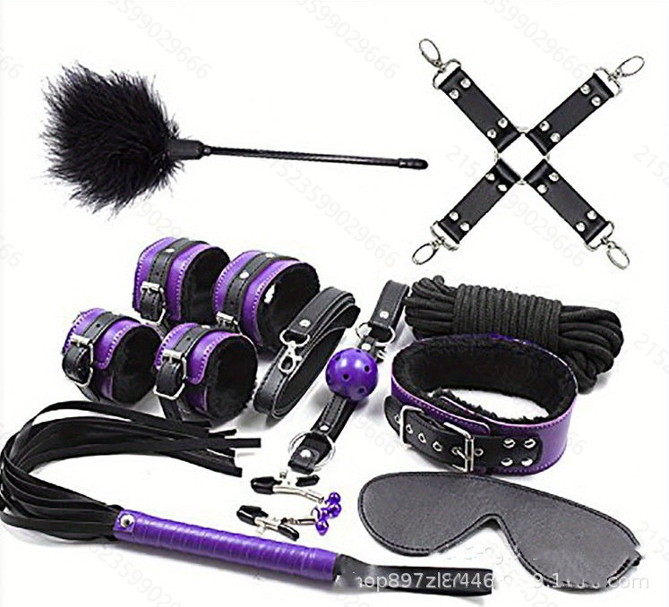 Bdsm Leather Plush Bondage Kit With Flogger Blindfold Wrist Ankle Restraints - Purple 10 pcs Set - image 5