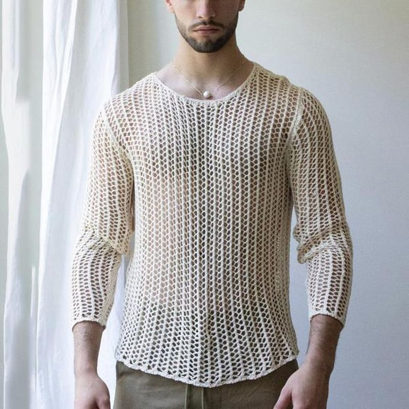 Mens Fishnet Transparent Long Sleeve T Shirt - image 0