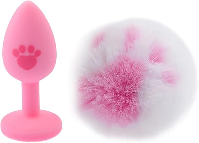 Cat Paws Fluffy Anal Butt Plug - White ball pink paw - image 5