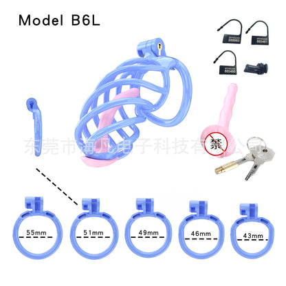 Rotating Hollow Male Chastity Cage with 4 Rings & Urethral Plug - Blue - Standard - with urethral plug - image 6