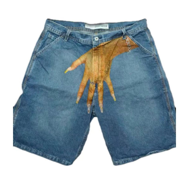 Men's Hip Hop Funny One Hand Printed Skateboarding Denim Shorts - C - XXL - image 4