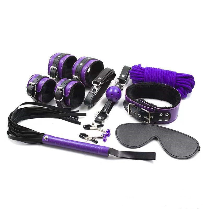 Bdsm Leather Plush Bondage Kit With Flogger Blindfold Wrist Ankle Restraints - Purple 8pcs set - image 1