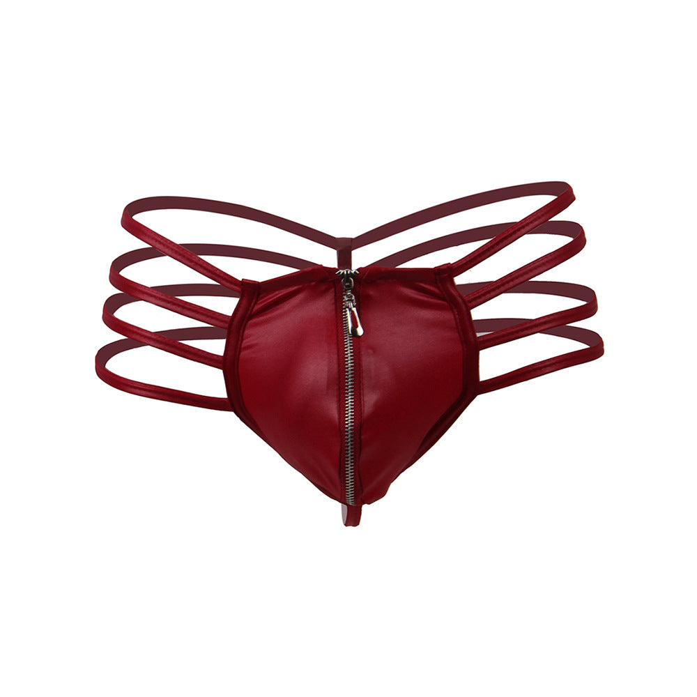 PU Leather Men's Underwear Lingerie Thong with Front Zipper - Red - XXL - image 7