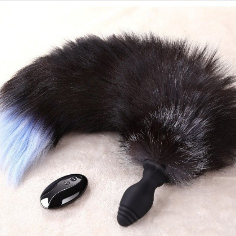 Thick Fox Tail Silicone Vibrator Butt Plug with Remote - Black + Blue - image 3