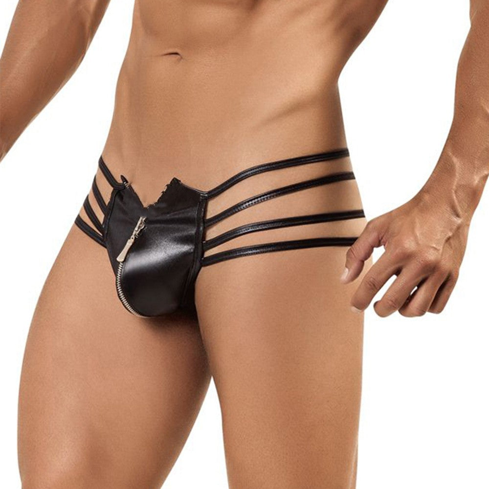 PU Leather Men's Underwear Lingerie Thong with Front Zipper